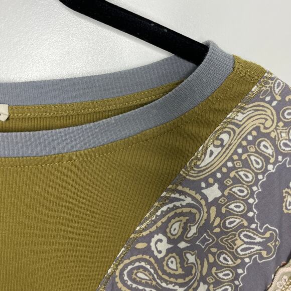 Free People Feelin It Tee Top Womens Small Mustard Yellow Patchwork Paisley Boho - Picture 4 of 9